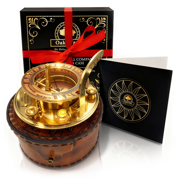 Brass Sundial Compass in Leather Case - Nautical Gifts for Men, Antique Sailing Anniversary Vintage Gifts, Unusual Unique Nautical Decor