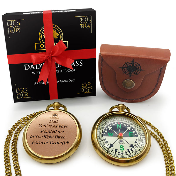 Dad's Compass Gift - Pocket Watch Compass with Chain & Leather Case
