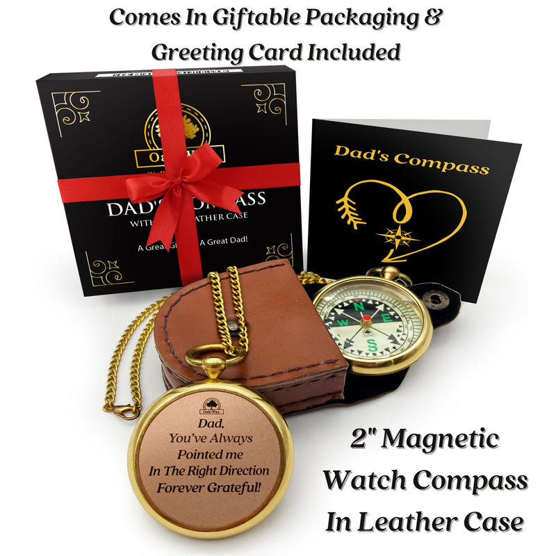 Dad's Compass Gift - Pocket Watch Compass with Chain & Leather Case