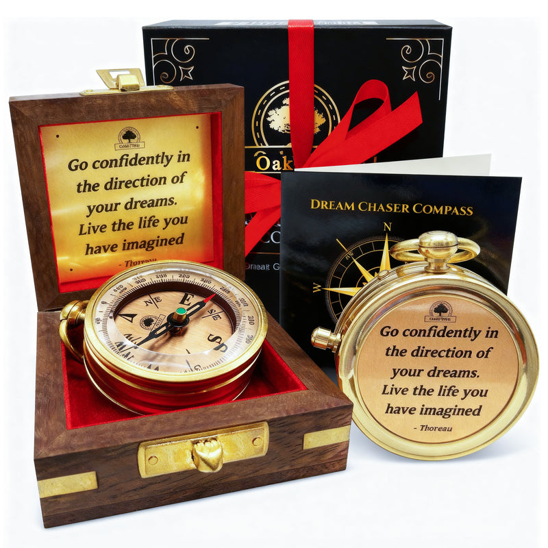 Dream Chaser Unique Compass in Wooden Box - Graduation Gifts for Him or Her, Boys High School, College Graduate Gifts, Men Birthday, Dad, Husband, Office Desk Decor