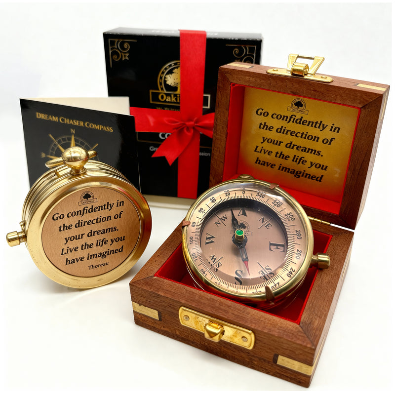 Dream Chaser Unique Compass in Wooden Box - Graduation Gifts for Him or Her, Boys High School, College Graduate Gifts, Men Birthday, Dad, Husband, Office Desk Decor