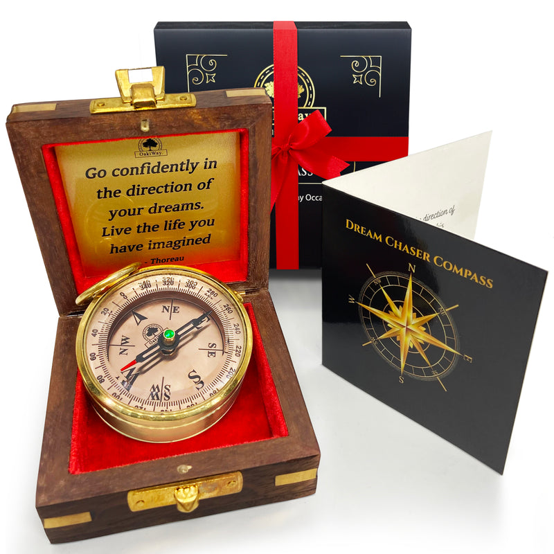 Dream Chaser Unique Compass in Wooden Box - Men Birthday, Dad, Husband, Graduation Gifts for Him or Her, Boys High School, College Graduation Gifts, Office Desk Decor