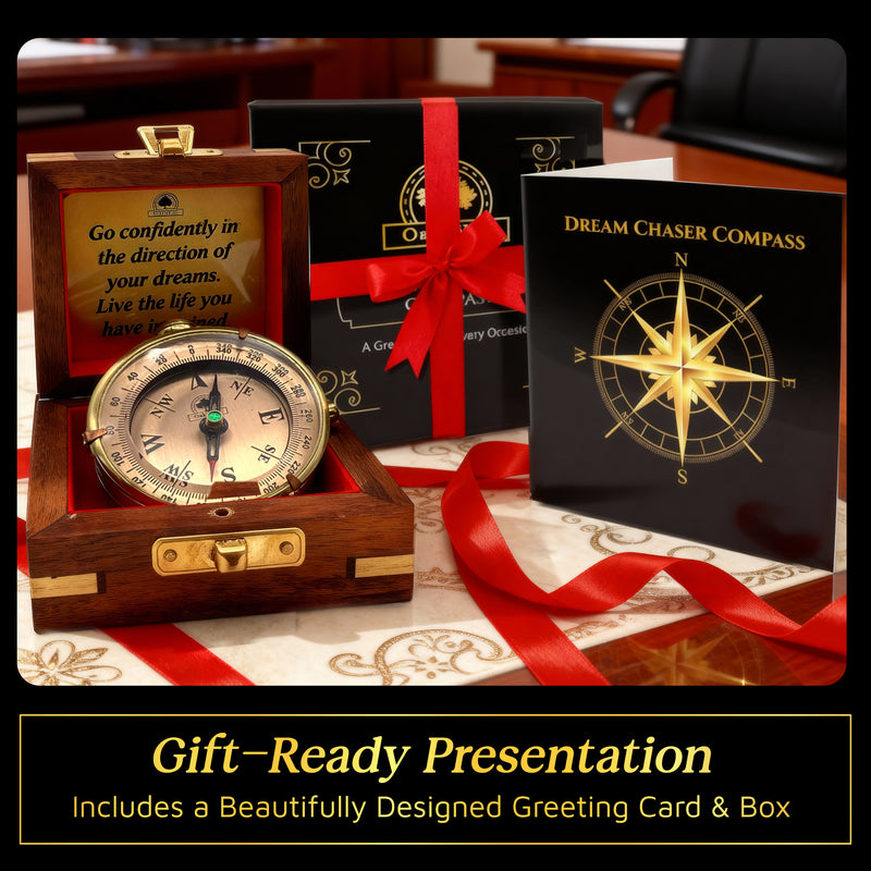 Dream Chaser Unique Compass in Wooden Box - Graduation Gifts for Him or Her, Boys High School, College Graduate Gifts, Men Birthday, Dad, Husband, Office Desk Decor