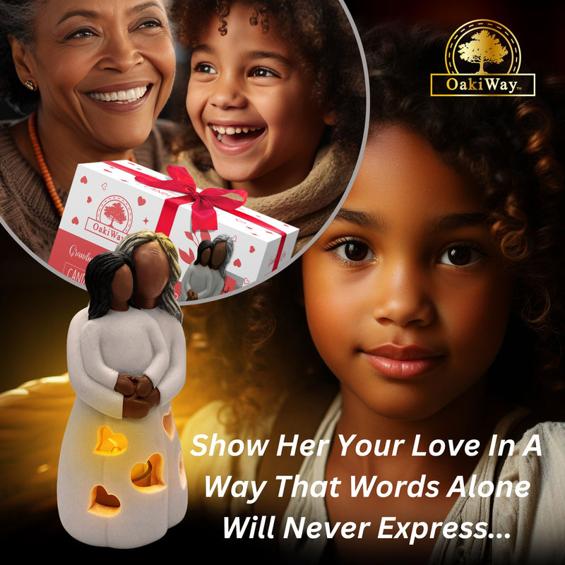 Hand-Painted Grandma-Granddaughter Candle Holder Statue Gift, with Flickering LED Candle | Gigi Grandmother Birthday Gift, Unique Nana Present Ideas for Christmas, Greeting Card Included