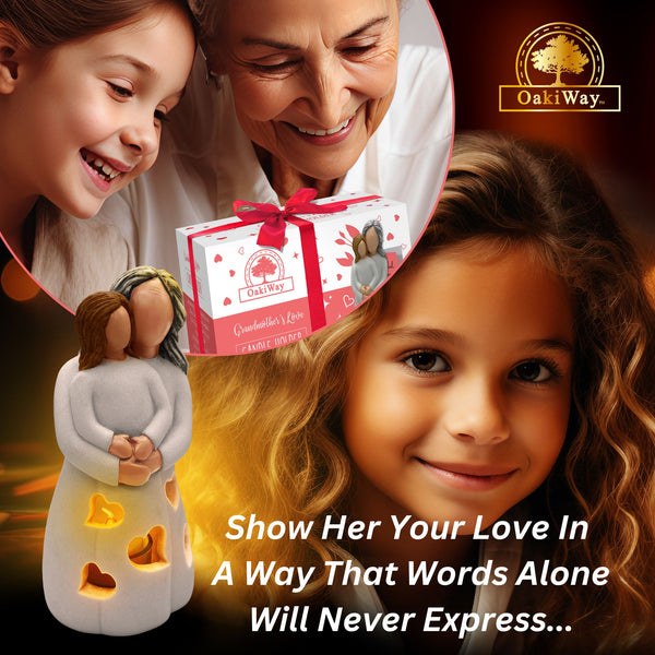 Hand-Painted Grandma-Granddaughter Candle Holder Statue Gift, with Flickering LED Candle | Gigi Grandmother Birthday Gift, Unique Nana Present Ideas for Christmas, Greeting Card Included