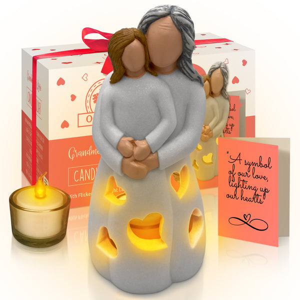 Hand-Painted Grandma-Granddaughter Candle Holder Statue Gift, with Flickering LED Candle | Gigi Grandmother Birthday Gift, Unique Nana Present Ideas for Christmas, Greeting Card Included