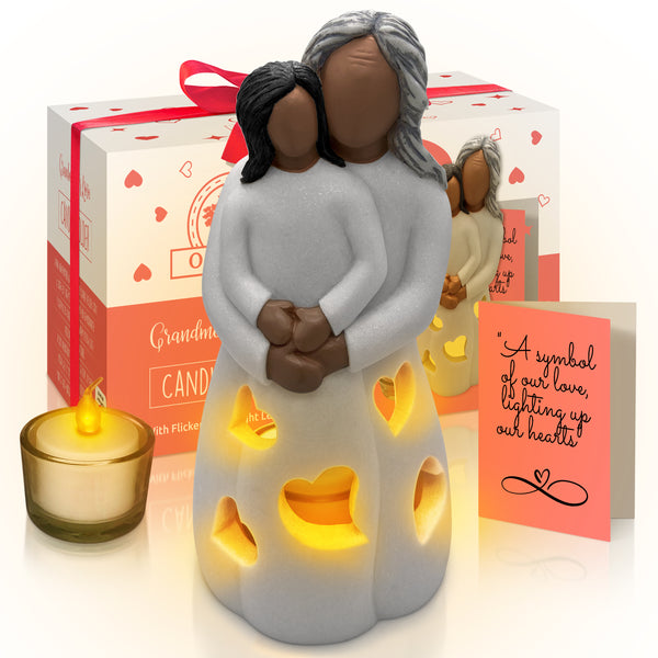 Hand-Painted Grandma-Granddaughter Candle Holder Statue Gift, with Flickering LED Candle | Gigi Grandmother Birthday Gift, Unique Nana Present Ideas for Christmas, Greeting Card Included
