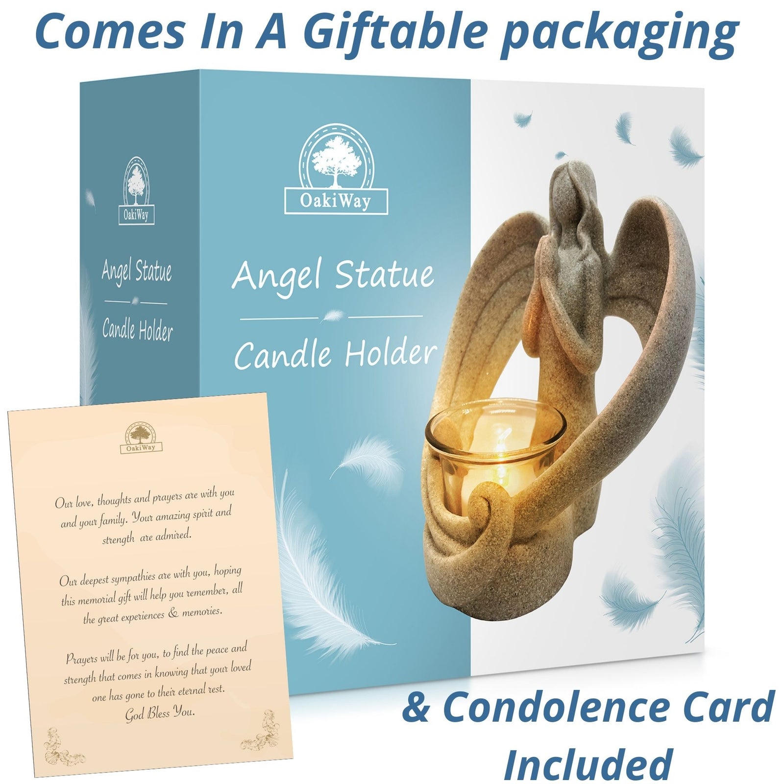OakiWay Memorial Angel Tealight Candle Holder - Sympathy Gift With Flameless LED Candle, Condolence Card For Loss Of Loved One