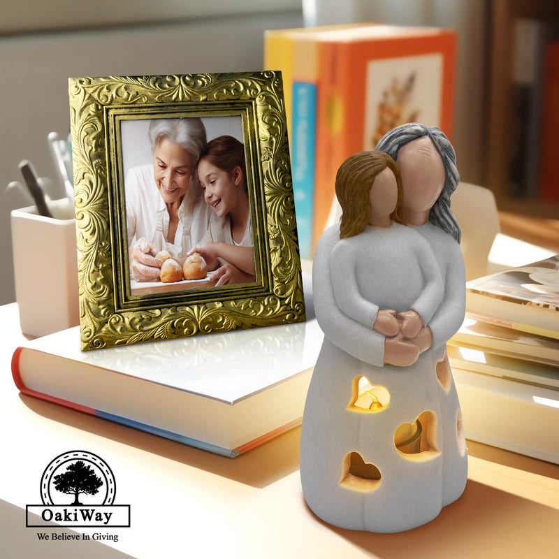 Hand-Painted Grandma-Granddaughter Candle Holder Statue Gift, with Flickering LED Candle | Gigi Grandmother Birthday Gift, Unique Nana Present Ideas for Christmas, Greeting Card Included