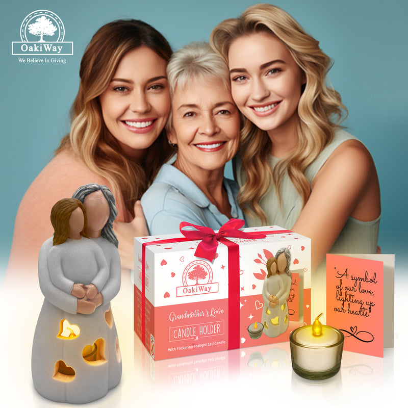 Hand-Painted Grandma-Granddaughter Candle Holder Statue Gift, with Flickering LED Candle | Gigi Grandmother Birthday Gift, Unique Nana Present Ideas for Christmas, Greeting Card Included