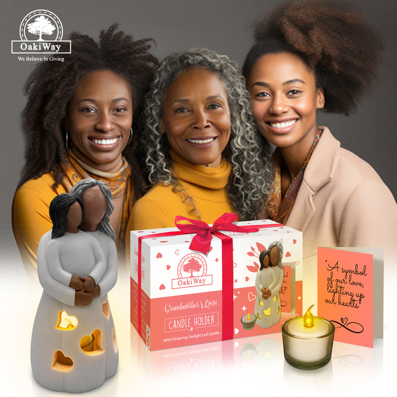 Hand-Painted Grandma-Granddaughter Candle Holder Statue Gift, with Flickering LED Candle | Gigi Grandmother Birthday Gift, Unique Nana Present Ideas for Christmas, Greeting Card Included