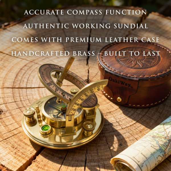 Brass Sundial Compass in Leather Case - Nautical Gifts for Men, Antique Sailing Anniversary Vintage Gifts, Unusual Unique Nautical Decor