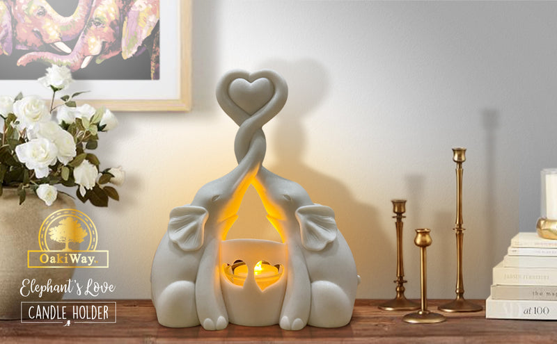 Anniversary & Couples Gifts - Elephants Love Candle Holder Statue W/ Flickering LED