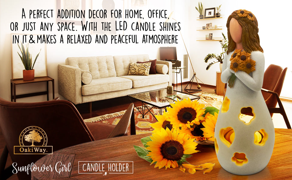 Sunflower Gifts for Women - Sunflower Girl Candle Holder W/Flickering LED Candle, Birthday Gifts for Her, Mom ,BFF, Friendship & More