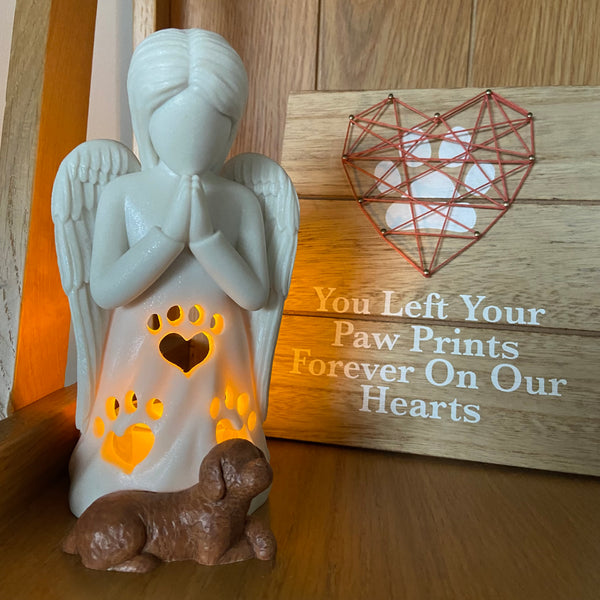 Dog's Praying Angel Candle Holder Statue w/Flickering LED Candle