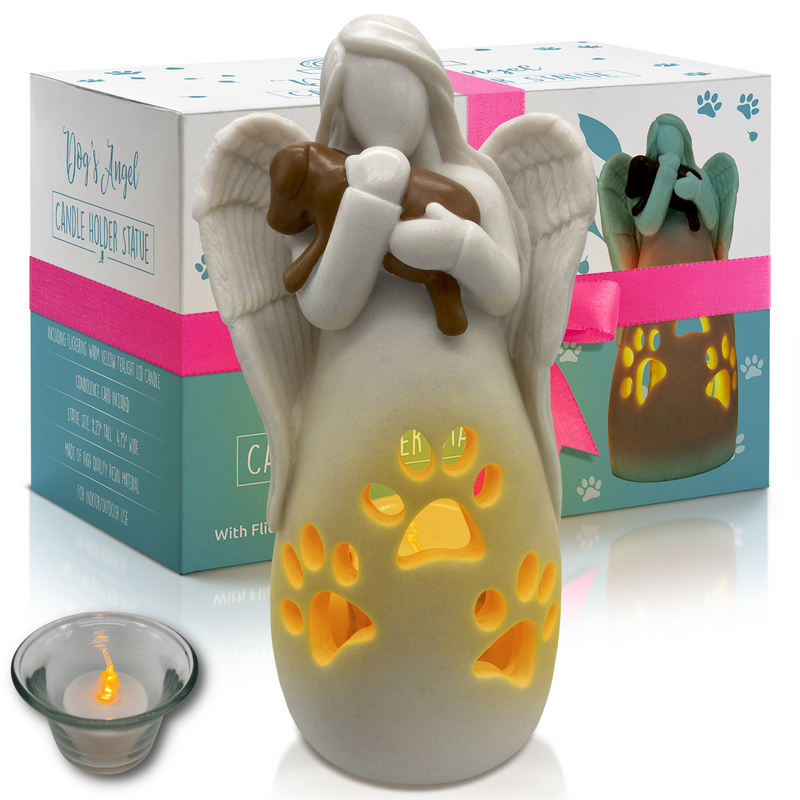 Dog's Angel Candle Holder Statue w/Flickering LED Candle