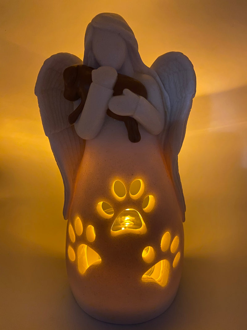 Dog's Angel Candle Holder Statue w/Flickering LED Candle