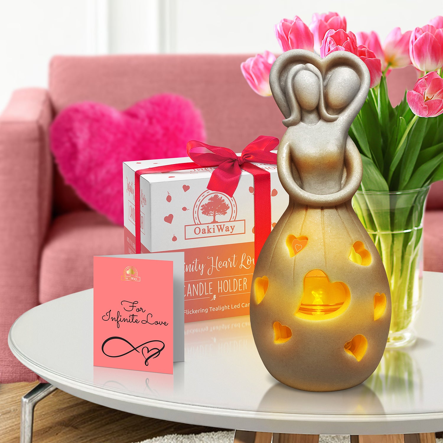 Infinity Heart Love Candle Holder Statue w/Flickering Led Candle