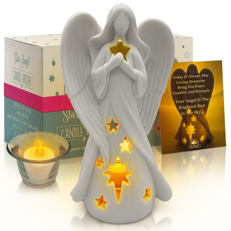Star Angel Candle Holder Statue, Sympathy Gift for Loss of Loved One, W/ Flickering Led Candle